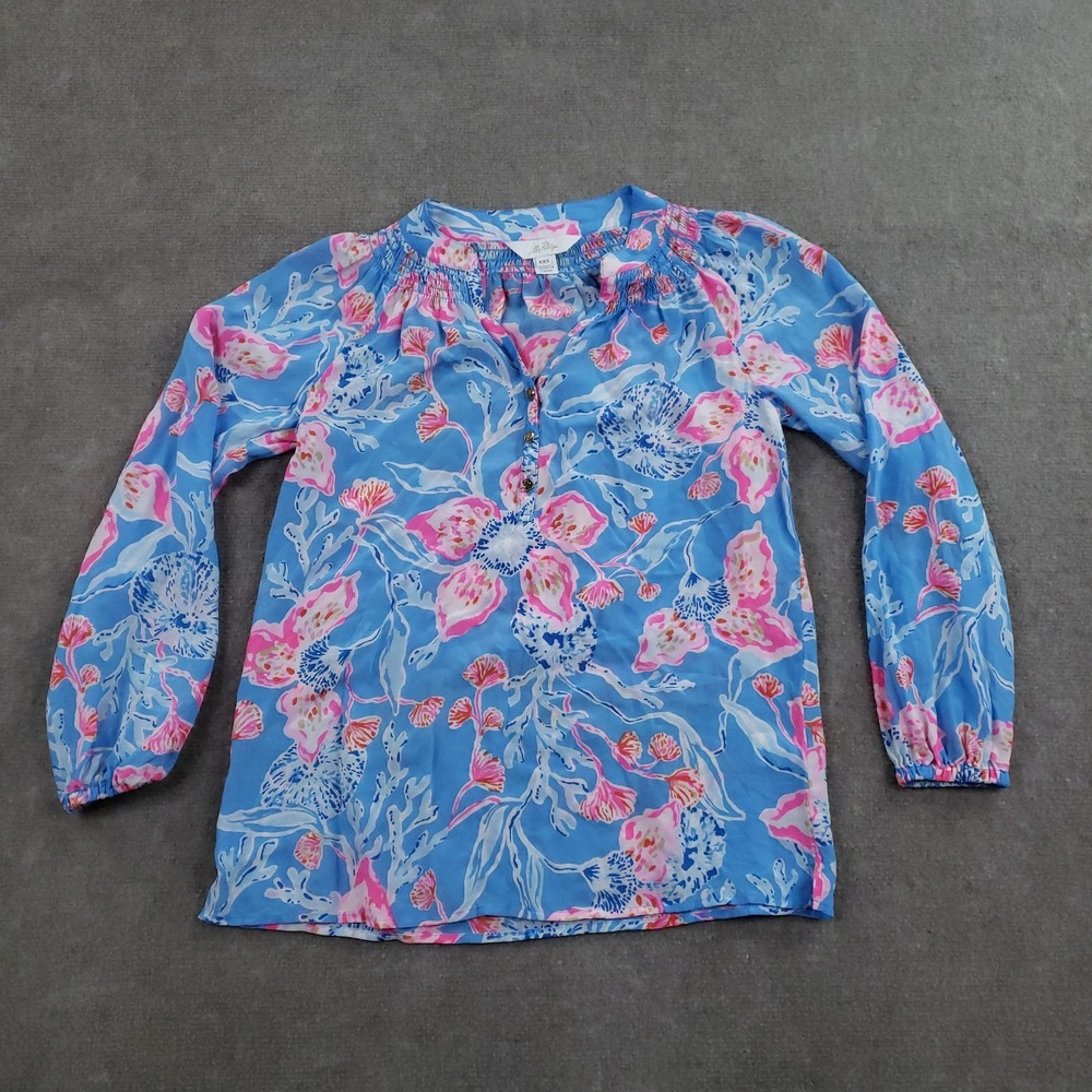 Lilly Pulitzer Shirt Womens XXS Blue Pink Floral 100% Silk Long Sleeve‎ Top